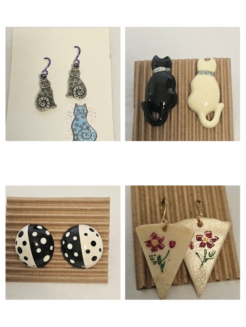 VTG Whimsical Artisan Clay & Metal Earring Lot of 4 / Cats Floral Retro